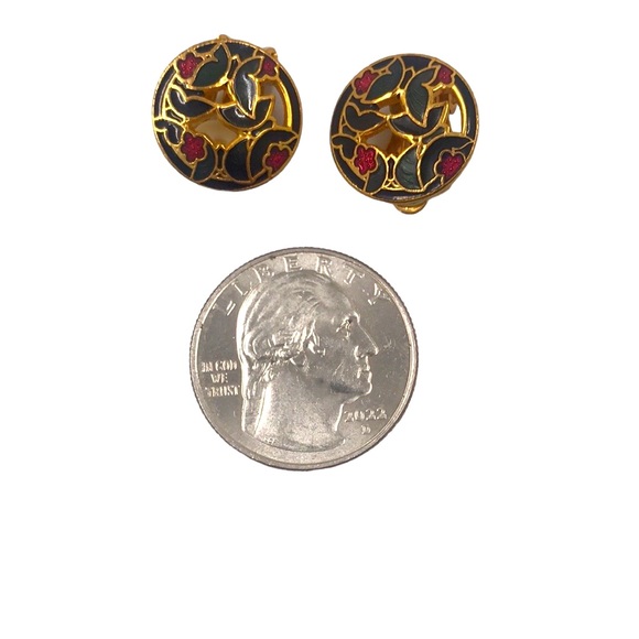 Vintage Cloisonné Enamel Floral Clip On Earrings - Picture 4 of 4
